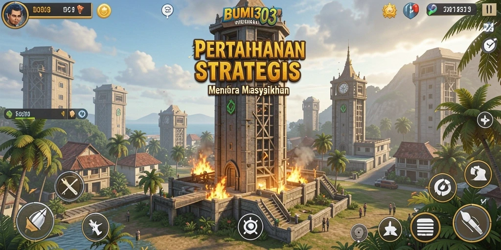 Screenshot BUMI303 menampilkan aksi menara pertahanan yang mendebarkan.