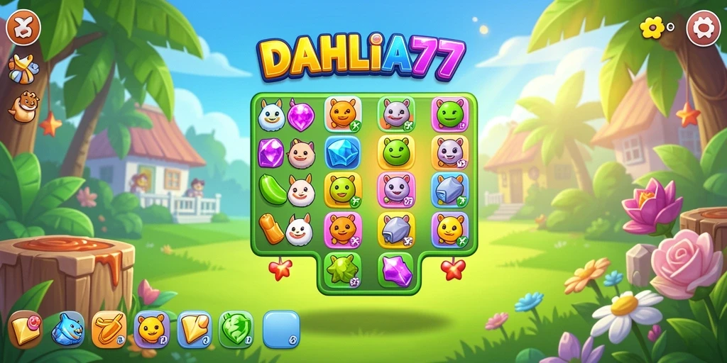 Screenshot DAHLIA77 menampilkan gameplay Match-3 yang seru dan penuh warna.