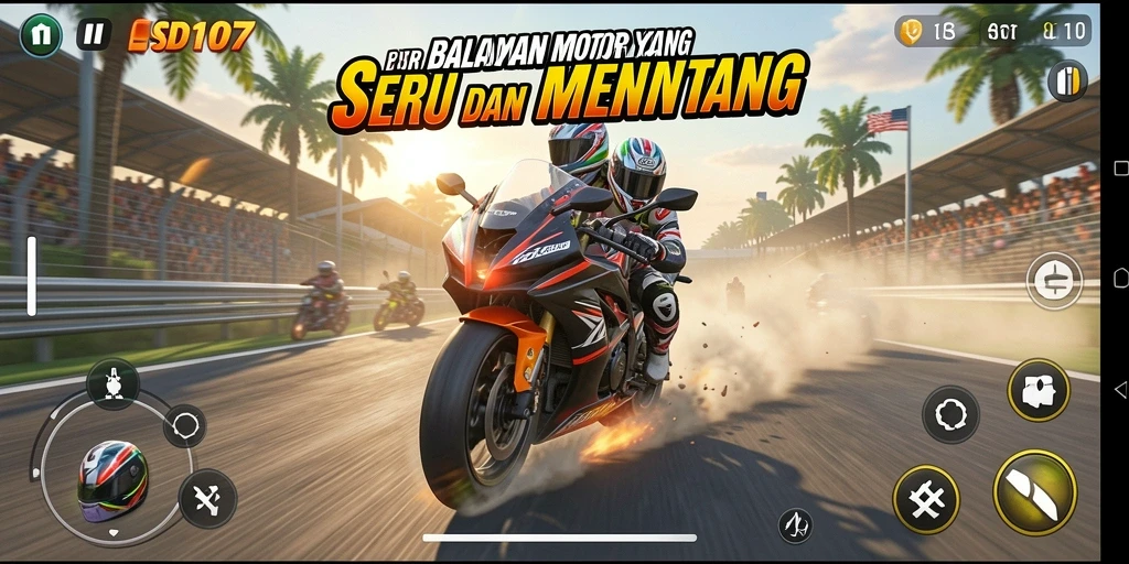 Gameplay seru SD107 dengan aksi balapan motor yang mendebarkan.